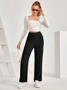 SHEIN Frenchy Women's Solid Color Straight Leg Pants - Black - View 5