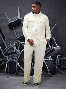 Manfinity Homme Men'S Plus Size Cargo Pocketed Long Sleeve Shirt And Pants Two Piece Set - White - View 3