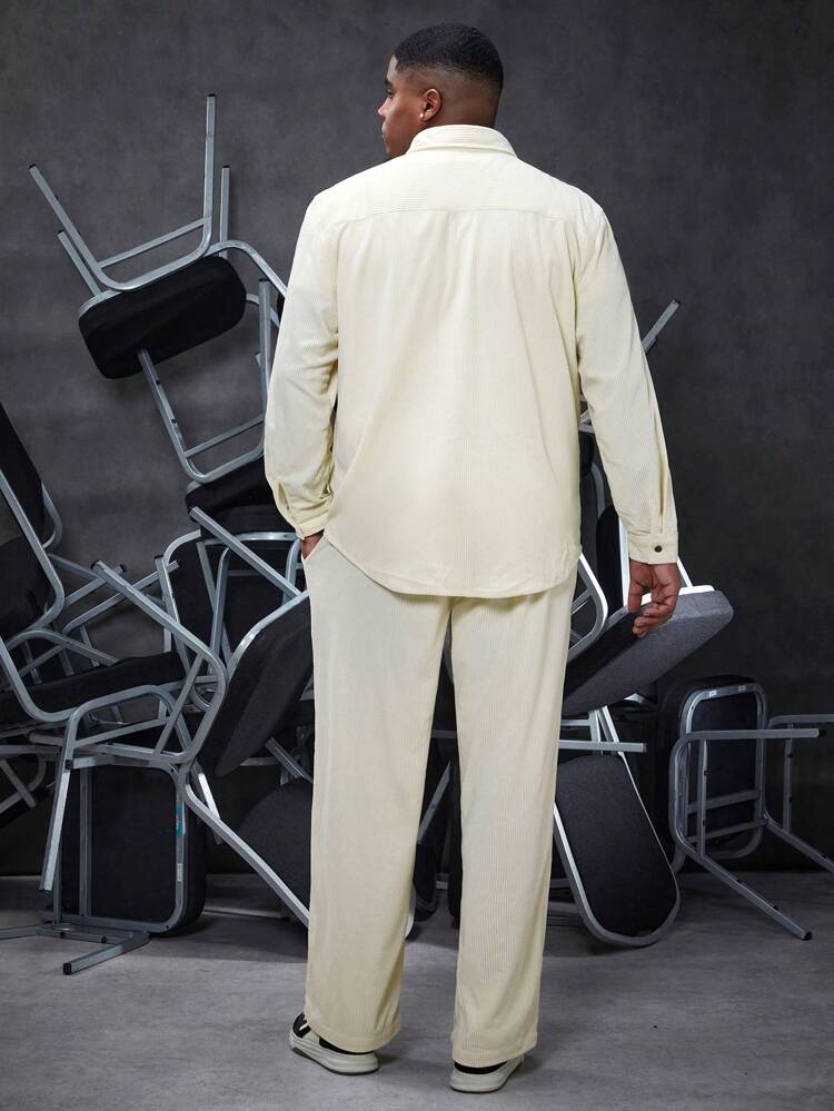 Men'S Plus Size Cargo Pocketed Long Sleeve Shirt And Pants Two Piece Set