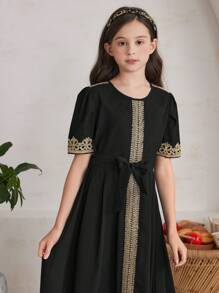 SHEIN Tween Girls' Elegant Gorgeous Party Dress With Color Blocking And Lace Decoration