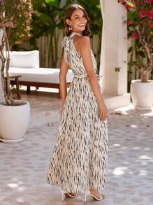 SHEIN Clasi 全印花長款露背連身裙 - 杏色 - 查看 2