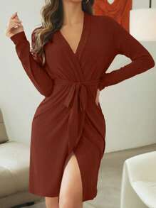 Màu thuần Áo choàng thắt lưng - màu nâu - Xem 3