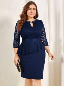 MIUSOL 加大花朵蕾丝锁眼领荷叶边七分袖鸡尾酒会铅笔裙 - 藏蓝色 - 查看 5