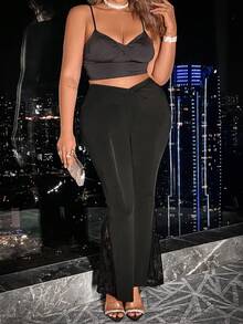 Celure 加大尺碼女士v型高腰喇叭褲 - 黑色 - 查看 4