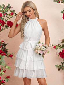 SHEIN Clasi Women'S Sleeveless Halter Neck Multi-Layered Ruffle Hem Dress - White - View 4
