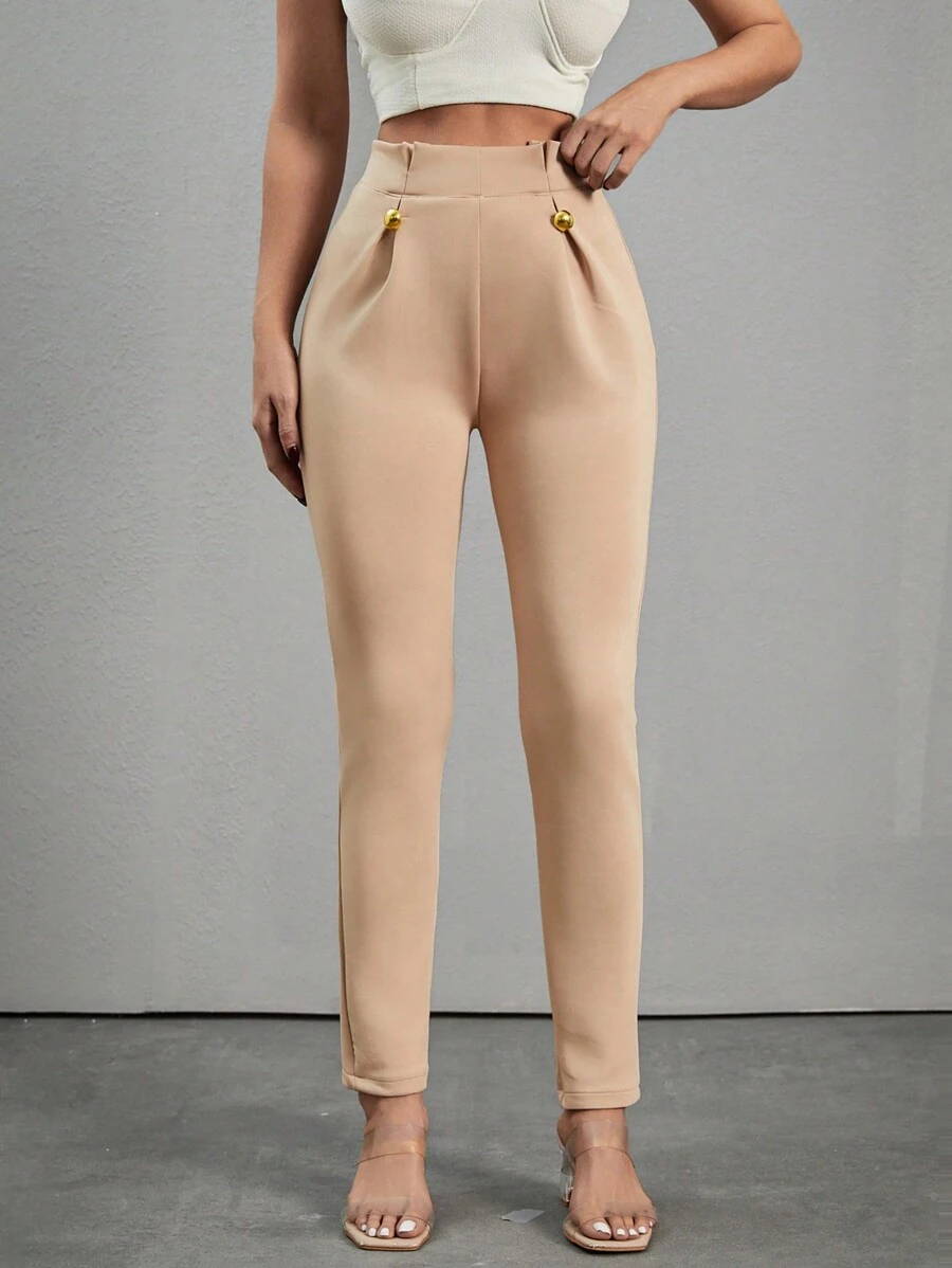 SHEIN Ladies' Solid Color Pleated Pants