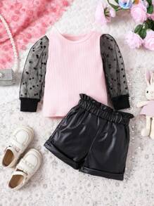 Baby Girls Mesh Contrast Top And Shorts Set - Pink - View 3