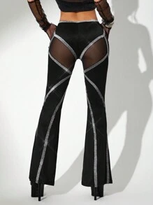 SHEIN ICON Của phụ nữ Màu bạc Lưới trong suốt Siêu Tăng thấp Thon gọn Quần loe - màu đen - Xem 1