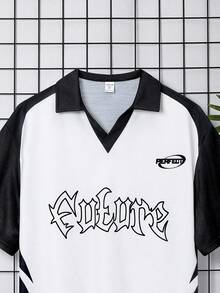 SHEIN 帶有黑白色阻塊、數字印花和短袖的少年休閒款波麗衫 - 黑與白 - 查看 5