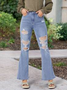 SHEIN LUNE 女士破洞喇叭牛仔褲 - 藍色 - 查看 5