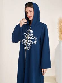 Al Najma Women's Embroidery Detail Hooded Long Sleeve Djellaba Dress - Blue - View 5
