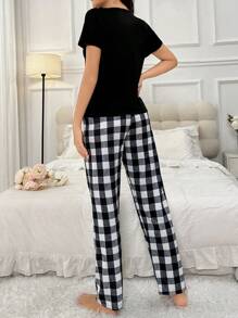 Letter Print T-Shirt & Plaid Pants Pajama Set - Black - View 2