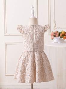 SHEIN Young Girl Ruffle Hem Flower Jacquard Top With Button Decoration And Skirt Two Piece Set - Beige - View 2