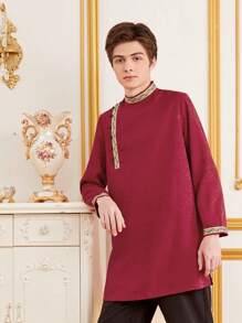 SHEIN Teen Boys' Casual Red Long-Sleeved Shirt With Weaving Detail And Black Pants 2pcs/Set - Multicolor - View 7