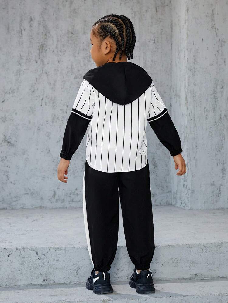 2pcs/Set Young Boy Hooded 2 In 1 Printed Sports Outfit, Fleece Thickened