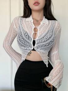 DAZY Áo ren dài tay mỏng nhẹ cho nữ, Trang phục đi biển, Quần áo mùa thu - trắng - Xem 4