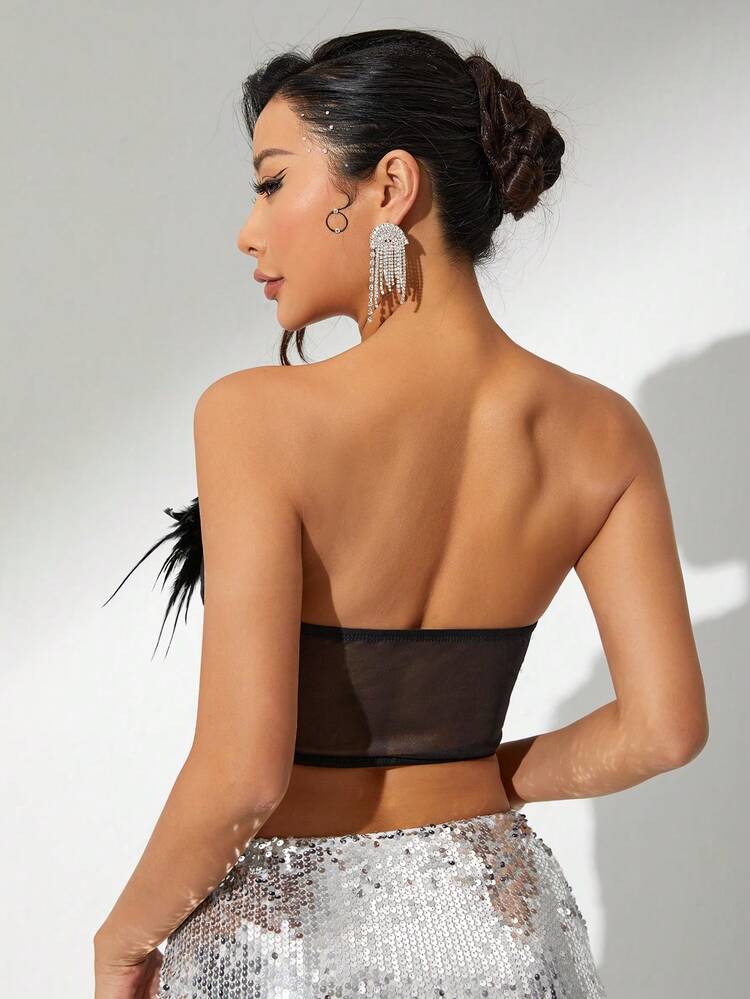Y2k Summer Feather & Rhinestone Embellished Strapless Black Corset Top