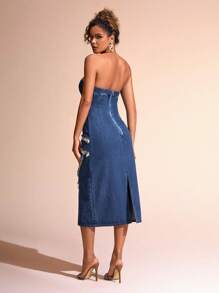 SHEIN BAE Denim Strapless Dress With Frayed Trim - Blue - View 2