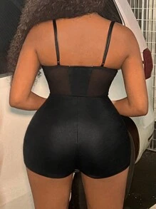 Slaydiva 女士性感网眼拼布黑色 PU 皮革不对称下摆吊带背心 - 黑色 - 查看 2