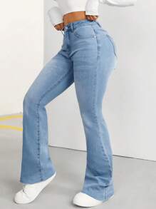 SHEIN PETITE 女性修身飛梭牛仔褲 - 藍色 - 查看 4