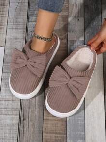 女士时尚舒适圆头条纹蝴蝶结一脚蹬加厚防滑情侣家居拖鞋 - 咖啡棕 - 查看 1