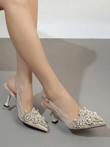 Giày cao gót mũi nhọn dành cho nữ, trang trí bằng ngọc trai giả, thanh lịch, phù hợp cho tiệc tùng và đám cưới. - Màu be - Xem 4