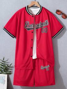 Teen Boys' Letter Print Short Sleeve Top And Shorts 2pcs/Set, School, Campus, College