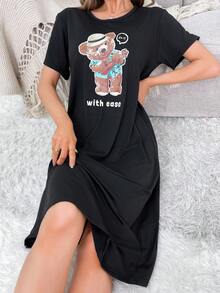 放鬆假日熊圖案t恤睡裙 - 黑色 - 查看 3