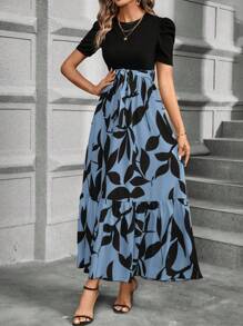 SHEIN LUNE 女式短款泡泡袖泡泡下摆连衣裙，搭配植物印花长款女装 - 霧霾藍 - 查看 5