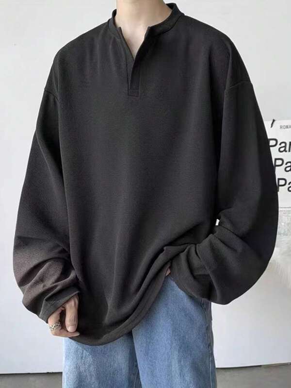 Claim Dot Men Solid Color Drop Shoulder Long Sleeve Plain Casual Work T-Shirt, Boyfriend Gift, Fall