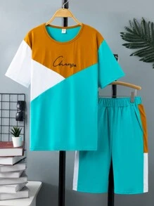 SHEIN 青少年男孩字母印花彩色拼接短袖t恤和短褲套裝 - 黑色 - 查看 1
