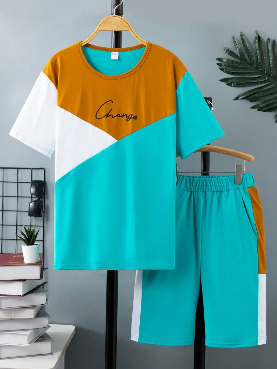 SHEIN 青少年男孩字母印花彩色拼接短袖t恤和短褲套裝 - 黑色 - 查看 1