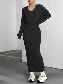 Flirla Solid Color Drop Shoulder Hoodie And Skirt Set