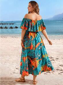 SHEIN VCAY Plus Size Nữ Nhiệt đới in hình lệch vai Ruffle Trim Váy xẻ cao đi biển cho mùa hè - Nhiều màu - Xem 2