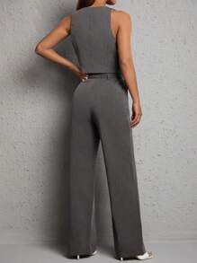 SHEIN PETITE Women's Single Breasted Suit Vest And Pants Set - Light Grey - View 2