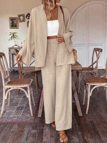 SHEIN LUNE Của phụ nữ Tay áo dài Áo khoác Và Quần Hai chiếc Bộ - Màu Khaki - Xem 3