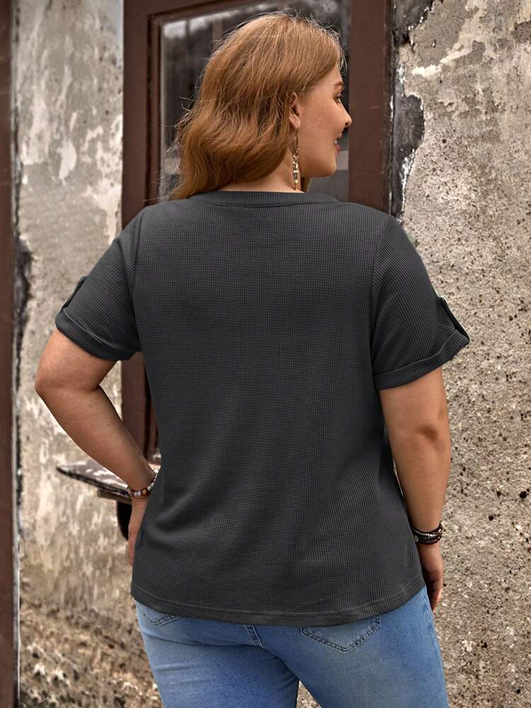 Plus Size Summer Casual Solid Color Notched Neck Short Sleeve T-Shirt