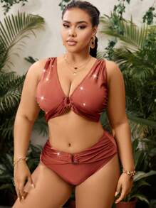 SHEIN Swim Curve Plus Size Women's Glittery Ruched Bikini Set Wedding Summer Beach - Brown - View 4