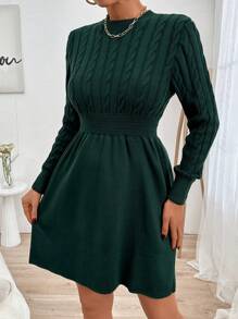 EURMUSE Long Sleeve Cable Knit Sweater Dress - Dark Green - View 3