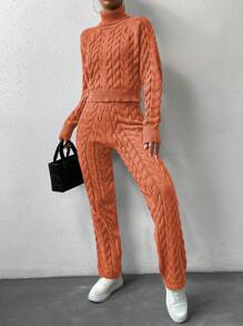 EMERY ROSE 高領長袖針織毛衣和針織長褲套裝 - 橘色 - 查看 6