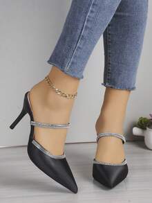 女性時尚黑色高跟鞋帶鑽石和尖頭 - 黑色 - 查看 3