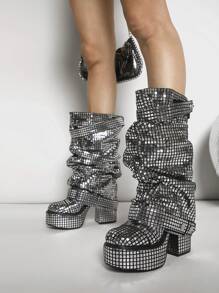 SHUZIA Botas de plataforma media altura con diseño elegante y brillos plateados para mujer, nuevos regalos para Año Nuevo, Día de los Enamorados, zapatos de verano para el Día de San Valentín