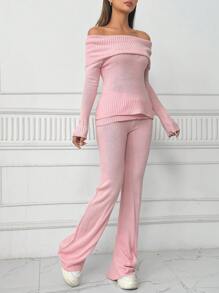 SHEIN Unity Women's Off Shoulder Long Sleeve Sweater And Pants Set Fall Cloth For Women - Pink - View 5