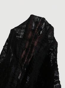SHEIN MOD Plus Size Women'S Black Solid Color Lace Stand Collar Flare Sleeve Top,Valentine Day - Black - View 6