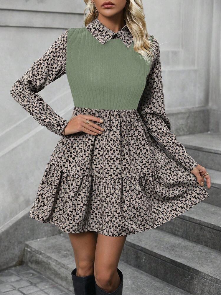 Women's Geometric Print Turn-Down Collar 2 In 1 Dress