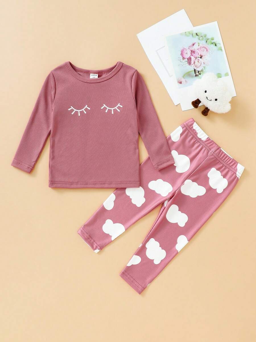 Baby Girl Cartoon Eyelash & Cloud Print Long Pants And Long Sleeves Snug Fit Homewear Set - Dusty Pink - View 1