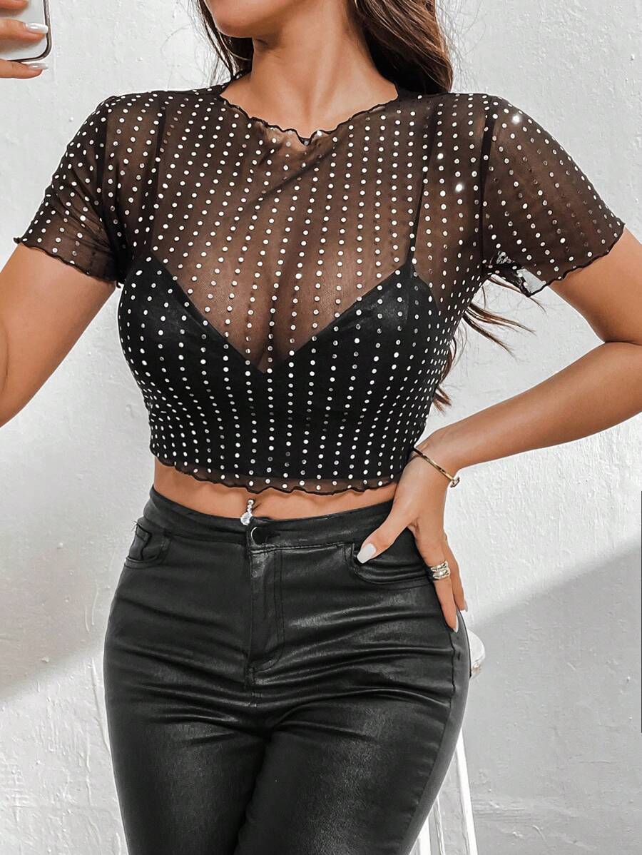 SHEIN Privé 女士性感黑色短袖露脐上衣，半透明亮片设计，非常适合办公室穿着 - 黑色 - 查看 1