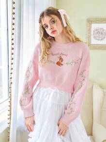 ROMWE Kawaii Của phụ nữ Dễ thương Thỏ , Lá thư , Hoa hồng , Và Thêu Tay áo lồng đèn Áo len - Hồng - Xem 5