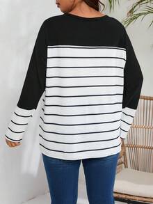 SHEIN LUNE Kích thước lớn Của phụ nữ Vòng cổ Sọc Tay áo dài Áo thun - Đen và trắng - Xem 2