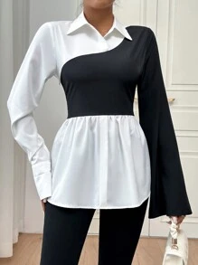Firerie Asymmetric Color Blocking Long Sleeve Shirt,Long Sleeve Tops - Black and White - View 4